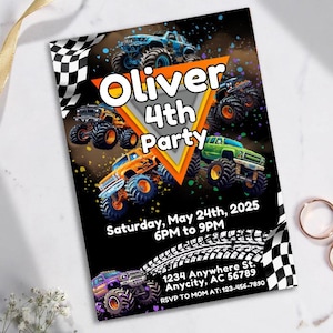 May include: A black and orange monster truck party invitation for a boy's 4th birthday. The invitation features a black background with colourful monster trucks and a chequered flag. The text on the invitation reads "Oliver 4th Party" and includes the date, time, and location of the party. RSVP information is also included.