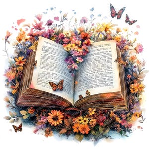 Clipart di libri floreali: libro aperto con fiori in acquerello (download digitale JPG 4096x4096px)