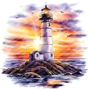 Lighthouse Sunset Clipart: Seaside Illustration (Digital Download, JPGs, Commercial Use)