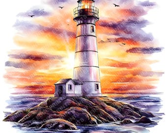 Puede incluir: Pintura a la acuarela de un faro en una isla rocosa al atardecer. El faro es blanco con una parte superior negra y un pequeño edificio adjunto. El cielo está lleno de tonos naranja, amarillo y morado, y hay pájaros volando.