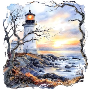 May include: Watercolor painting of a white lighthouse on a rocky coast at sunset. The lighthouse has a black top and a bright light. Bare trees frame the scene, with the ocean and a colorful sky in the background.