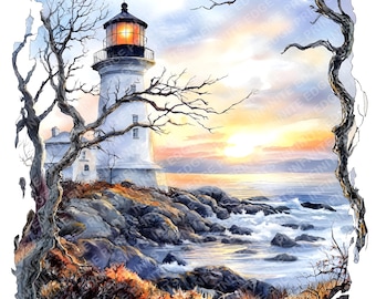 May include: Watercolor painting of a white lighthouse on a rocky coast at sunset. The lighthouse has a black top and a bright light. Bare trees frame the scene, with the ocean and a colorful sky in the background.
