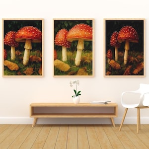 Conjunto de Arte de Parede com Cogumelos em Aquarela | 3 Estampas de Amanita | Decoração Natural Cottagecore | Download Digital A4 e A3