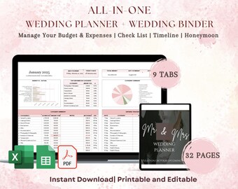 May include: A computer screen displaying a wedding planner template with 9 tabs and 32 pages. The template includes a budget tracker, checklist, timeline, and honeymoon planner. The text "Mr & Mrs Wedding Planner" is visible on the screen. The template is available for instant download, is printable, and editable.