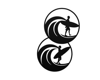 May include: Black and white silhouette of two people surfing on waves. The image is stylized and graphic.