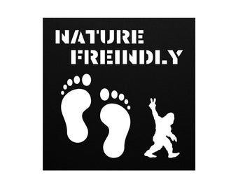 Nature Friendly, Metal Bigfoot Wall Art - Walking Sasquatch with Two Footprints, Rustic Outdoor Decor, Cabin Metal Sign, Cryptid Lover Gift