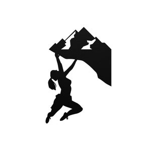 Female Climber Metal Wall Art Sign, &quot;She Climbs&quot; is a silhouette figure of a ponytailed women climber dangling from an overhang.