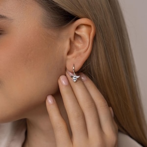 Dainty Bee Charm Hoop Earrings Sterling Silver - CZ Nature Gift