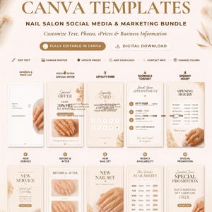 Peut inclure: Un ensemble numérique de 10 modèles Canva modifiables pour le marketing d'un salon de manucure, aux tons beige et crème. La mise en page inclut du texte pour les services, cartes de fidélité, réservations, horaires et promotions, avec des mains manucurées.