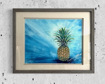 Original Watercolor Painting signed and Framed “Yum” Pineapple art by artist © Christie Marie