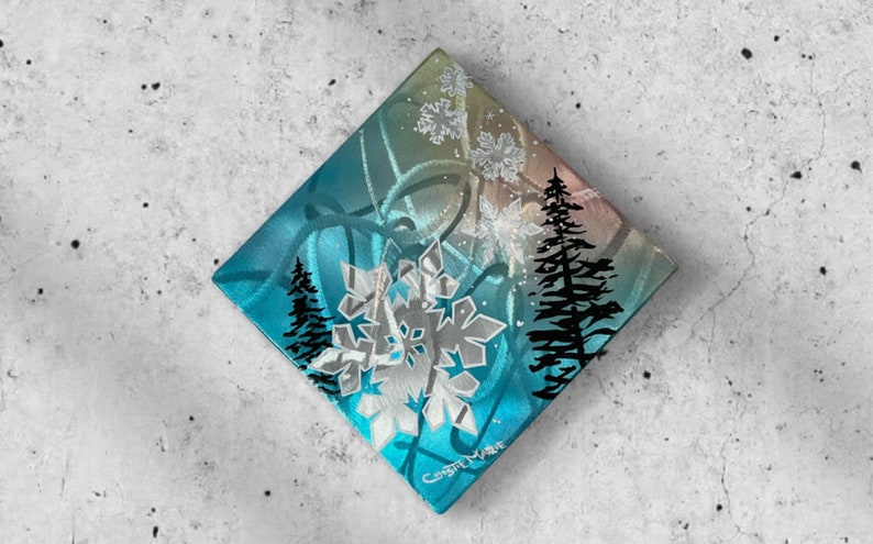 Original Brushed /Grinded Metal Art, One of a Kind. Abstract Pinstriping Alpine Trees & Snowflake with Candy Car Paint and clear coated. image 9