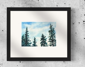 Original Watercolor painting "Sky Scrapers" OOAK  small 5" x 7" Unframed art by artist Christie Marie Elder-Russell Alpine Trees with cloud