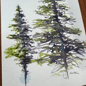 Original Watercolor painting Moon Glow and Serpentine Art Painting Study of Alpine trees in Sumi-E style with 2 watercolor paint colors image 6