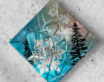 Original Brushed /Grinded Metal Art, One of a Kind. Abstract Pinstriping Alpine Trees & Snowflake with Candy Car Paint and clear coated.