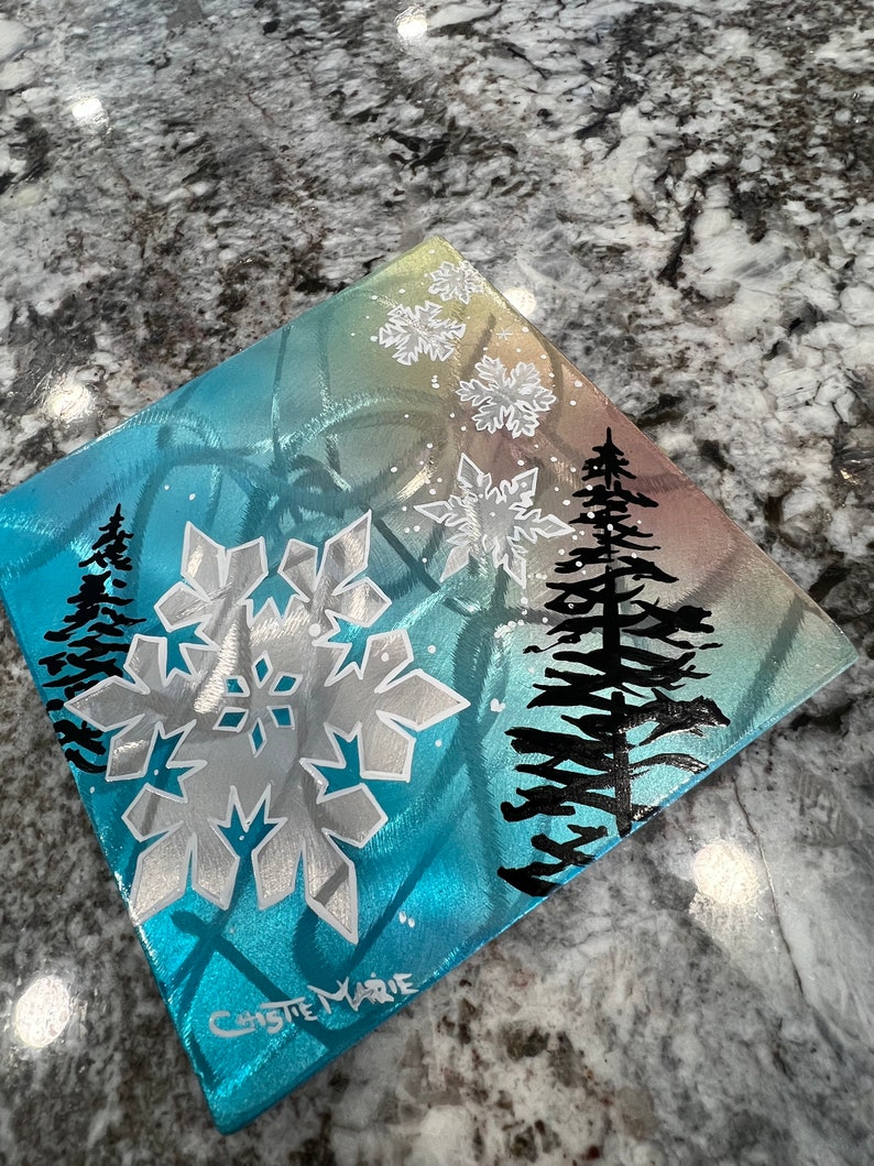 Original Brushed /Grinded Metal Art, One of a Kind. Abstract Pinstriping Alpine Trees & Snowflake with Candy Car Paint and clear coated. image 6