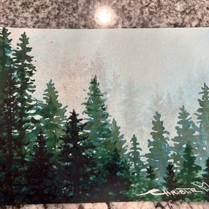 Original Watercolor painting Growing OOAK small 5 x 7 Unframed art by artist Christie Marie Elder-Russell Alpine Trees with cloud image 6