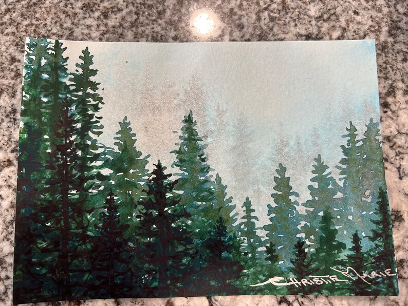 Original Watercolor painting Growing OOAK small 5 x 7 Unframed art by artist Christie Marie Elder-Russell Alpine Trees with cloud image 6