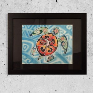 Nani Honu, Original Tropical Sea Turtle Art Honu Tortuga Large Framed Watercolor Painting by Christie Marie E. Russell © image 1