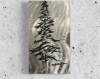 Original Metal Art, Pinstriping style Alpine Tree in Black on bright aluminum metal. by artist Christie Marie Ready to hang