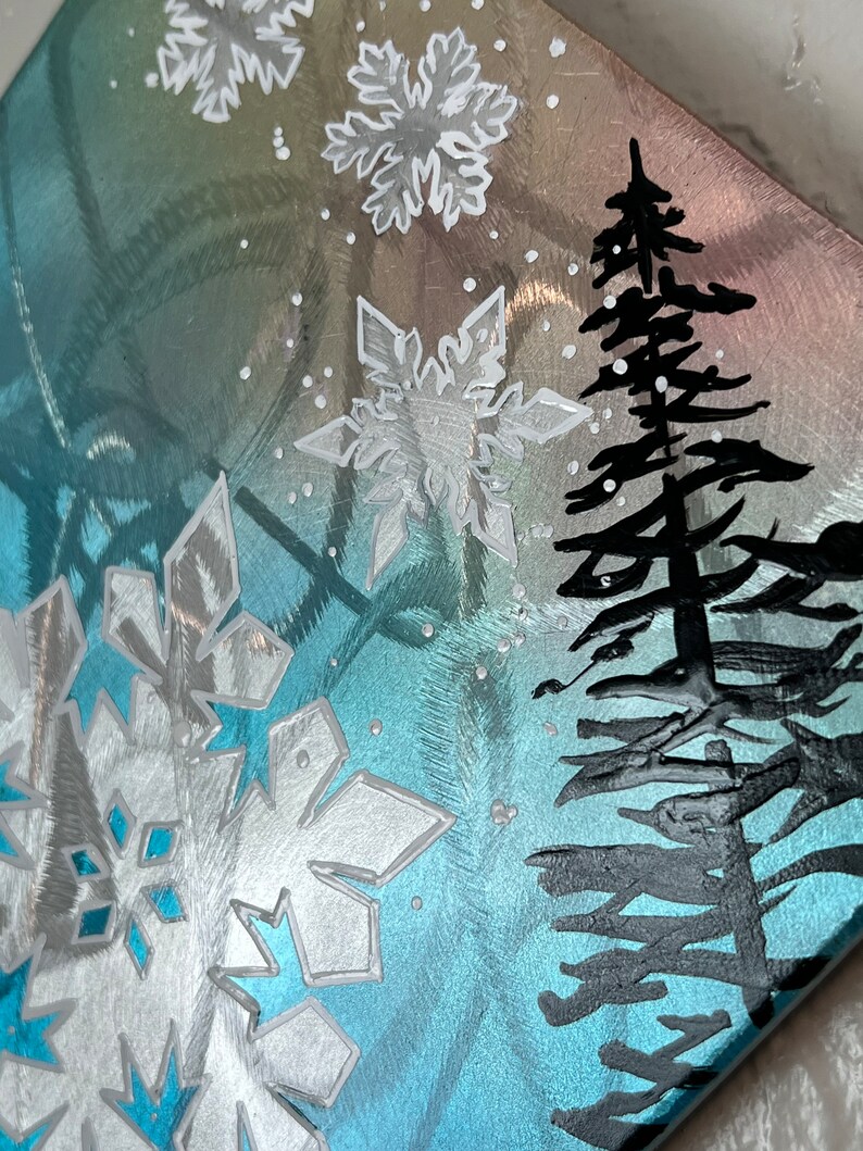 Original Brushed /Grinded Metal Art, One of a Kind. Abstract Pinstriping Alpine Trees & Snowflake with Candy Car Paint and clear coated. image 8