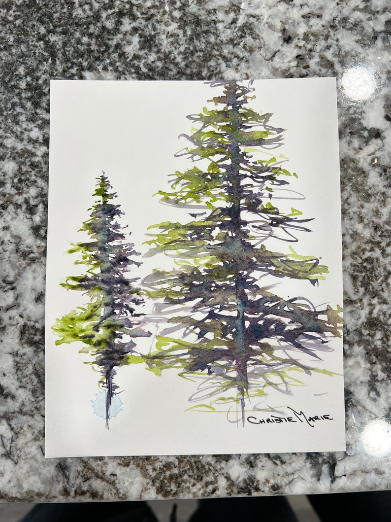 Original Watercolor painting Moon Glow and Serpentine Art Painting Study of Alpine trees in Sumi-E style with 2 watercolor paint colors image 5