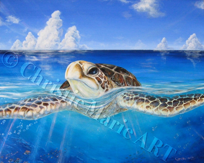 Peace of the Tropics Tropical Sea Turtle Art Large Original Oil Painting Tropical Hawaiian Ocean Art by Christie Marie E Russell © image 6