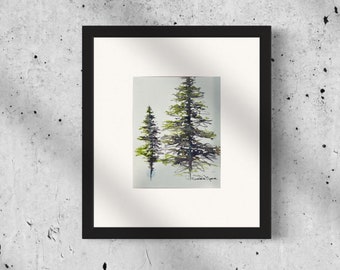 Original Watercolor painting "Moon Glow and Serpentine" Art Painting Study of Alpine trees in Sumi-E style with 2 watercolor paint colors