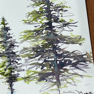 Original Watercolor painting Moon Glow and Serpentine Art Painting Study of Alpine trees in Sumi-E style with 2 watercolor paint colors image 2