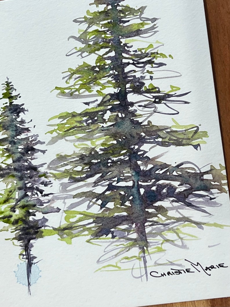 Original Watercolor painting Moon Glow and Serpentine Art Painting Study of Alpine trees in Sumi-E style with 2 watercolor paint colors image 2