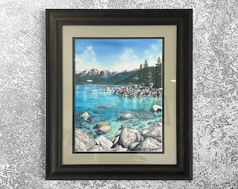 Original Watercolor Painting Lake Tahoe Sand Harbor Art turquoise water Mountain Nature Framed Art by Artist Christie Marie Elder-Russell ©