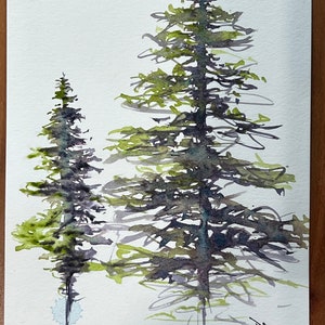 Original Watercolor painting Moon Glow and Serpentine Art Painting Study of Alpine trees in Sumi-E style with 2 watercolor paint colors image 7