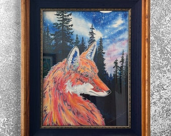 ORIGINAL"Spirit Fox" Professionally Framed Wild Fox Fine Art mixed media Watercolor silhouetted forest trees Christie Marie E. Russell ©