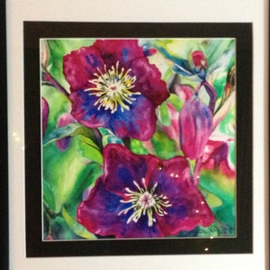 Framed Original Fine Art PASSION magenta pink flowers 12 X 12 Original Watercolor Painting Christie Marie E. Russell © image 1