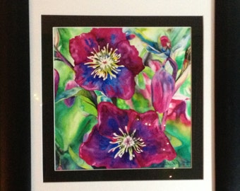 Framed Original Fine Art - PASSION - magenta pink flowers - 12" X 12"  Original Watercolor Painting Christie Marie E. Russell ©