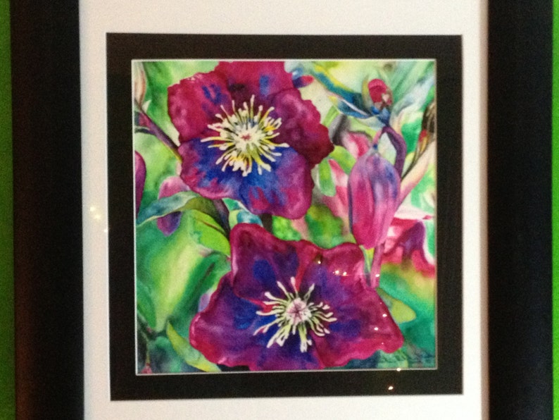 Framed Original Fine Art PASSION magenta pink flowers 12 X 12 Original Watercolor Painting Christie Marie E. Russell © image 1