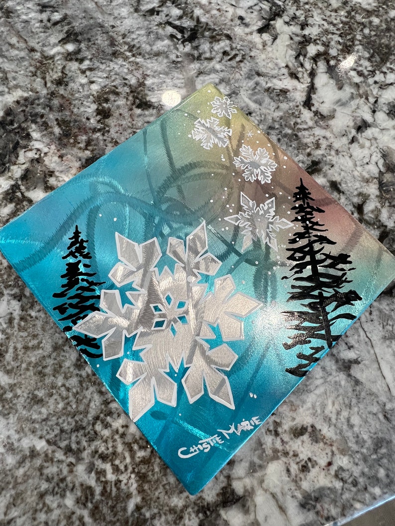 Original Brushed /Grinded Metal Art, One of a Kind. Abstract Pinstriping Alpine Trees & Snowflake with Candy Car Paint and clear coated. image 2