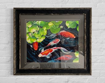 ORIGINAL WATERCOLOR Painting Koi Fish Pond Art, Nature Art, Art investment, Gallery fine art by Artist Christie Marie E. Russell ©