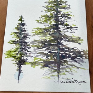 Original Watercolor painting Moon Glow and Serpentine Art Painting Study of Alpine trees in Sumi-E style with 2 watercolor paint colors image 3