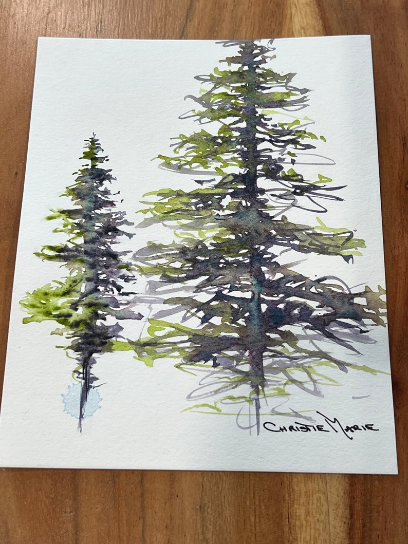 Original Watercolor painting Moon Glow and Serpentine Art Painting Study of Alpine trees in Sumi-E style with 2 watercolor paint colors image 3