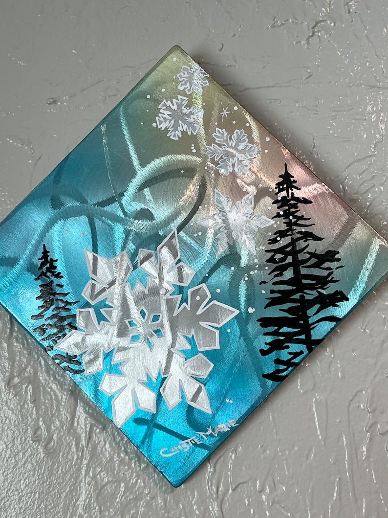 Original Brushed /Grinded Metal Art, One of a Kind. Abstract Pinstriping Alpine Trees & Snowflake with Candy Car Paint and clear coated. image 3
