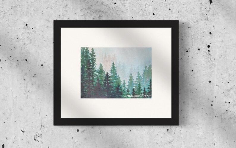 Original Watercolor painting Growing OOAK small 5 x 7 Unframed art by artist Christie Marie Elder-Russell Alpine Trees with cloud image 1