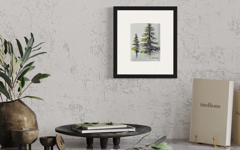 Original Watercolor painting Moon Glow and Serpentine Art Painting Study of Alpine trees in Sumi-E style with 2 watercolor paint colors image 8