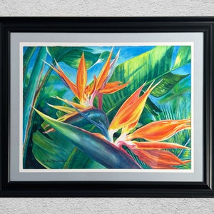 ORIGINAL Large Framed Hawaiian Bird of Paradise Watercolor Art Painting Tropical Flowers Hawaiian Art by Artist Christie Marie E. Russell © image 1