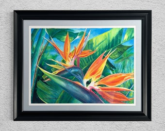 ORIGINAL Large Framed Hawaiian Bird of Paradise Watercolor Art Painting Tropical Flowers Hawaiian Art by Artist Christie Marie E. Russell ©