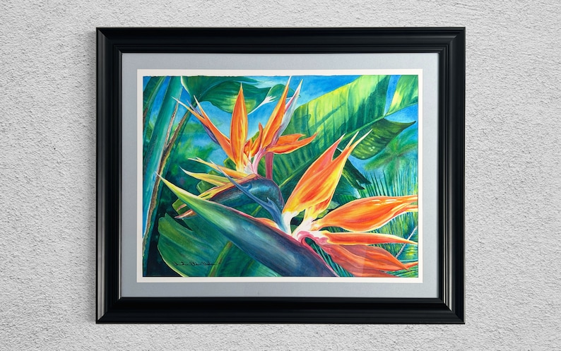 ORIGINAL Large Framed Hawaiian Bird of Paradise Watercolor Art Painting Tropical Flowers Hawaiian Art by Artist Christie Marie E. Russell © image 1