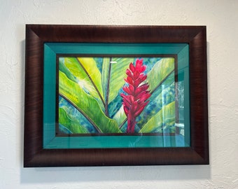 Original Watercolor Painting signed and Framed “Tropical Flame” Hawaiian Red Ginger art by artist © Christie Marie