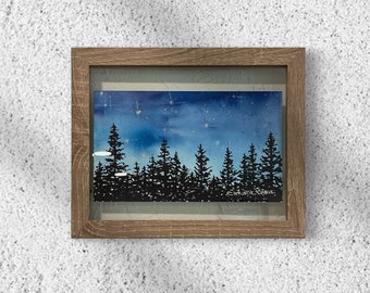 Original watercolor painting of phthalo blue starry night sky Silhouetted Alpine Forest Trees Framed Original Watercolor "Fading Blues"