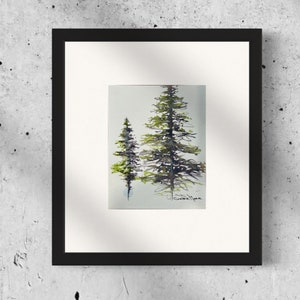 Original Watercolor painting Moon Glow and Serpentine Art Painting Study of Alpine trees in Sumi-E style with 2 watercolor paint colors image 10