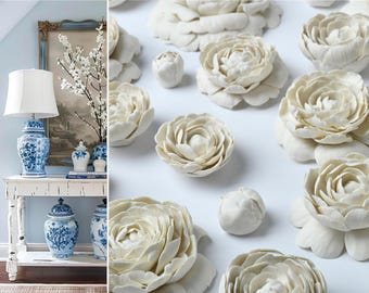 Handmade Ceramic Magnolia Flower Wall Decor - 3D White Hanging Art For Living Room, Bedroom (Large 15x15cm)