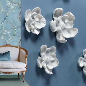 Porcelain flowers, wall art set, floral wall art, boho home decor, white decor, handmade ceramic, installation wall art, 3 flowers 3D art